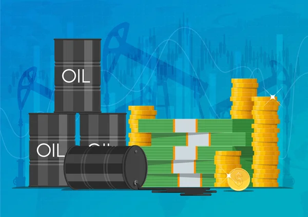 Cañón de petróleo, monedas de oro y montones de dinero. Negocios mercados financieros concepto vector ilustración — Vector de stock