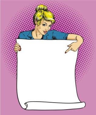 Kadın boş beyaz kağıt afiş tutar. Pop art comic retro tarzı vektör çizim. Kendi metin şablonu koymak