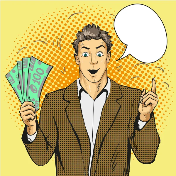 Rich handsome guy hold money and point his finger up. Business concept vector in pop art style. — Stock Vector