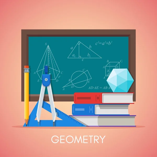 Geometria tudomány oktatási koncepció vektor poszter lapos stílusú design. Matematikai szimbólumok egy iskola chalkboard — Stock Vector