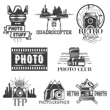 Vektör fotoğraf teması vintage tarzı ayarlayın. Fotoğraf stüdyosu için tek renkli logo, afiş, rozet veya amblem. Yalıtılmış illüstrasyon