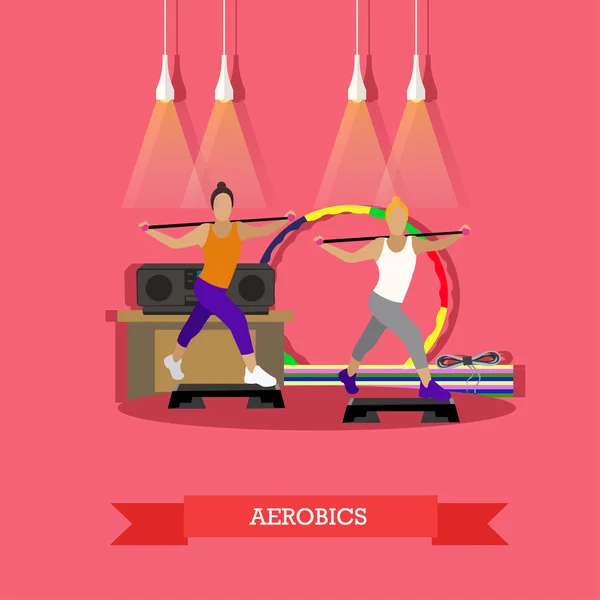 Due ragazze che fanno aerobica sotto musica in palestra. Intorno attrezzature sportive, piattaforma step-up, stuoie, registratore. Illustrazione vettoriale in stile piatto . — Vettoriale Stock