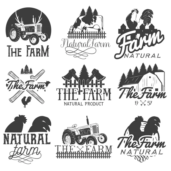 Vektor-Set von Bauernhof-Etiketten. Monochrome Logos, Abzeichen, Banner und Embleme im Vintage-Stil. Vereinzelte Illustration — Stockvektor