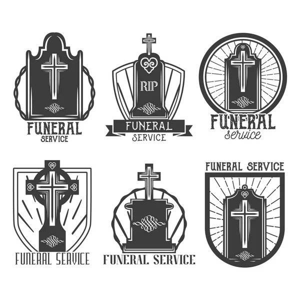 Vector set begrafenis service logo's. Badges, emblemen, iconen van grafstenen in vintage stijl. Geïsoleerde monochrome illustraties — Stockvector