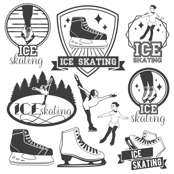 Conjunto vectorial de emblemas de patinaje sobre hielo, insignias, logotipos, pancartas y elementos de diseño. Ilustraciones monocromáticas aisladas en estilo vintage — Vector de stock