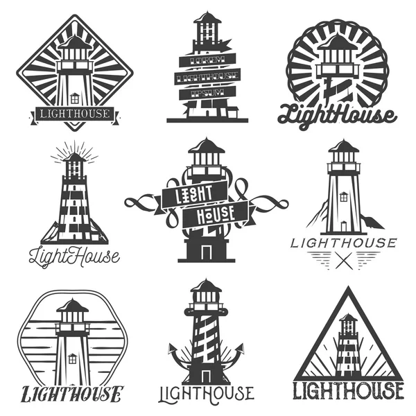 Set vectorial de faros de estilo vintage. Logotipos, insignias, emblemas, iconos o etiquetas aislados en monocromo — Vector de stock