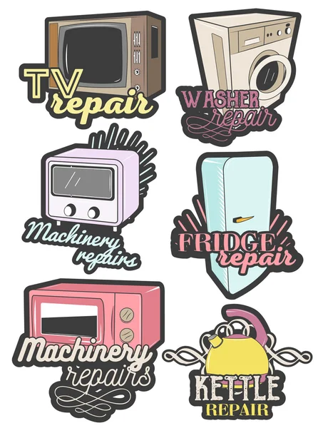 Vector set van kleurrijke huis apparaat reparatie emblemen. Geïsoleerde logo's, badges, banners, etiketten in vintage stijl — Stockvector