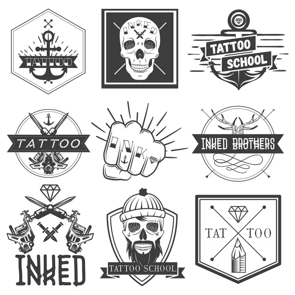 Vector set of tattoo school emblems, logos, banners, labels or badges. Monochrome skulls, anchors, fist in vintage style. Isolated inked brothers stickers — Stock Vector