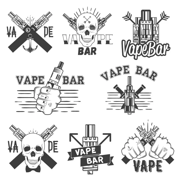 Vector monochrome set of vape bar stickers, banners, logos, labels, emblems or badges. Vintage style electronic cigarette and skulls, isolated illustration — Stock Vector
