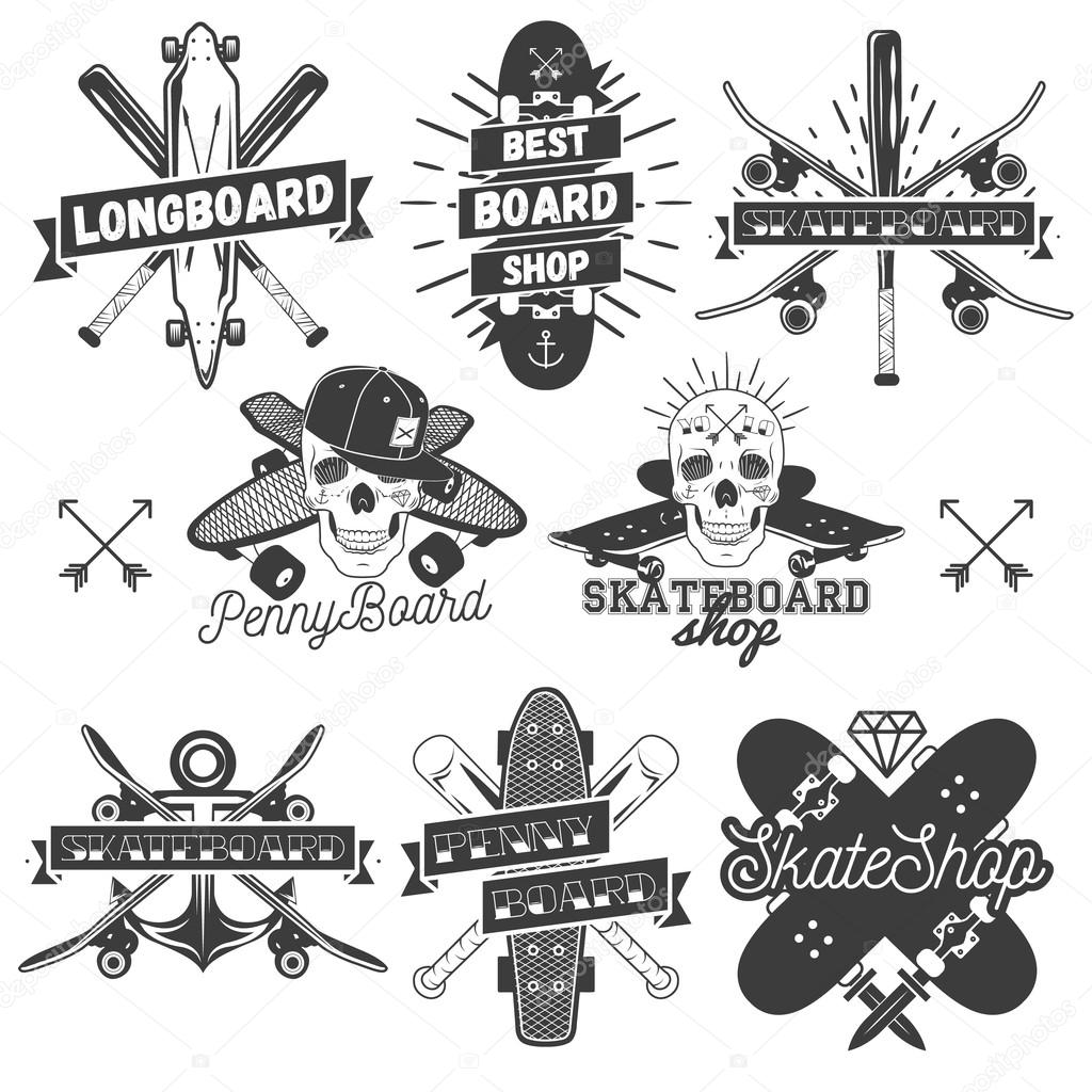 Vector set of monochrome skateboard, longboard, pennyboard labels. Isolated badges, emblems, logos in vintage style