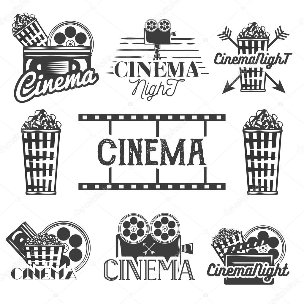 Vector set of cinema labels and logos. Isolated illustration in vintage style, monochrome badges, emblems and design elements of movie theater