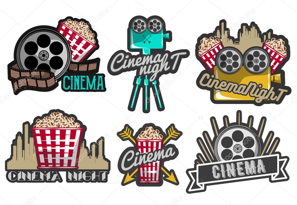 Vector set of cinema labels and logos. Isolated illustration in vintage style, colorful badges, emblems and design elements of movie theater