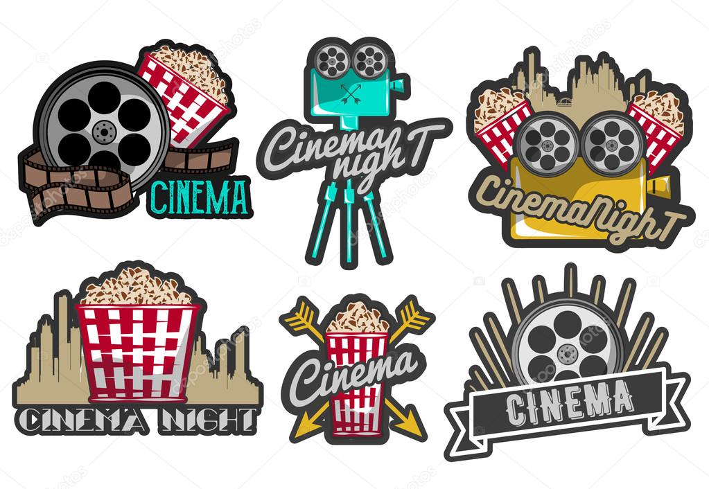 Vector set cinema labels and logos. Isolated illustration in vintage style. Colorful badges, emblems, design elements of movie theater