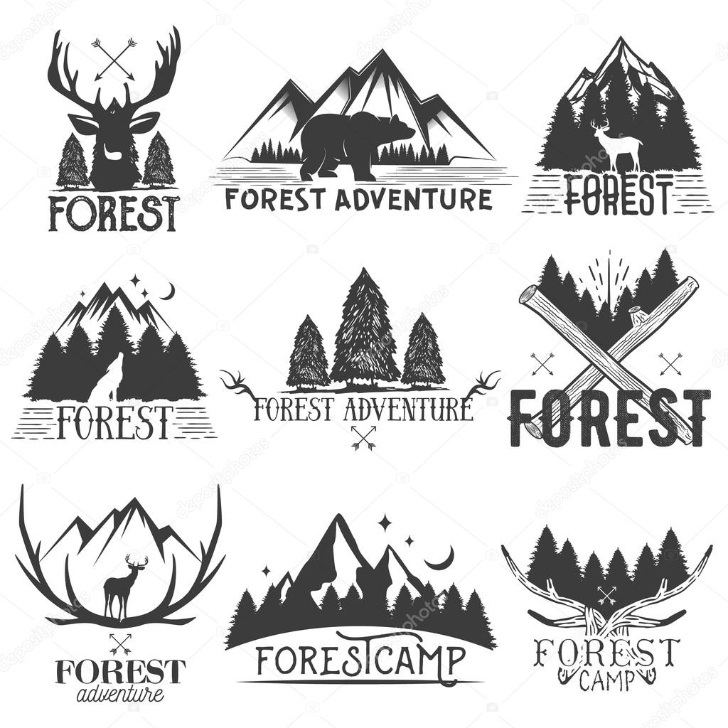 Vector set of forest theme emblems. Vintage badges, logos, labels and stickers with animal and trees silhouettes, isolated illustrations on white background
