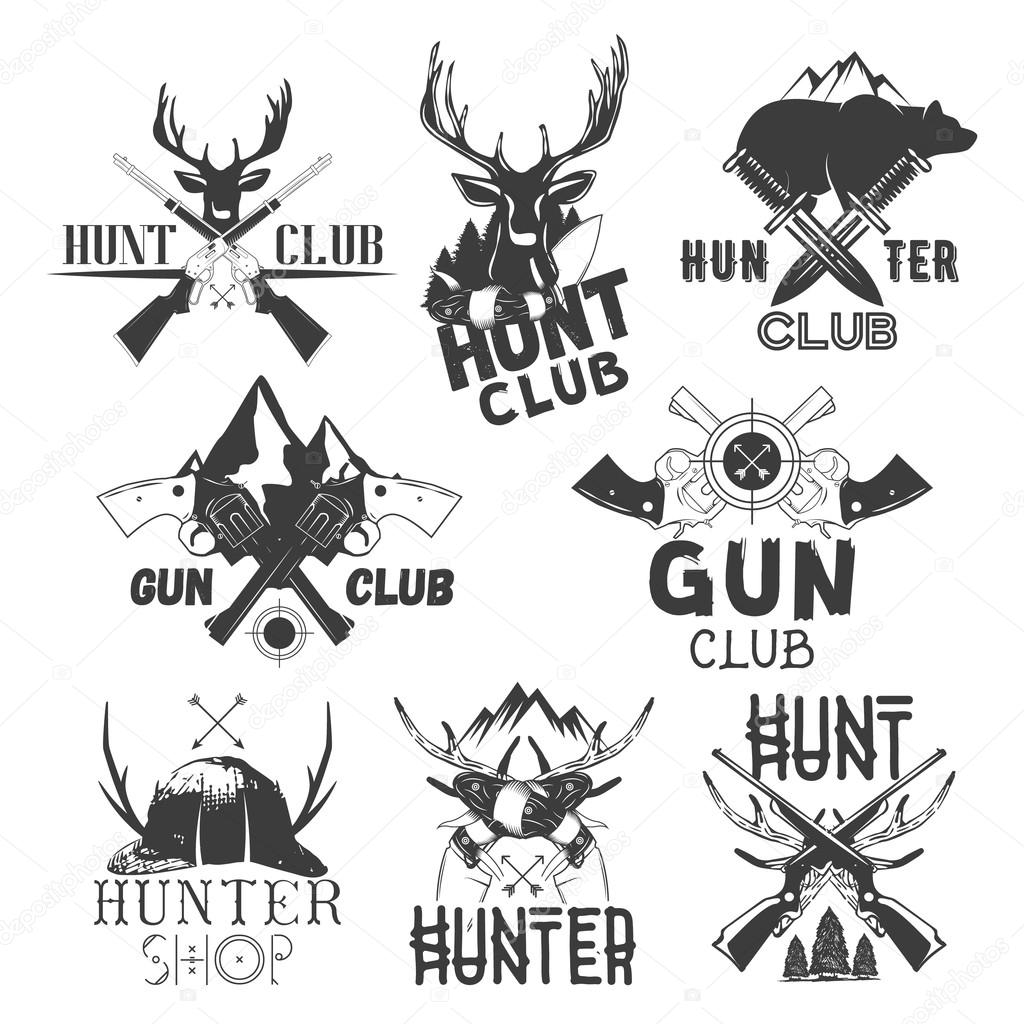 Vector set of hunt club labels. Monochrome badges, emblems, logos and banners in vintage style. Isolated illustrations guns, deers, knifes, bear