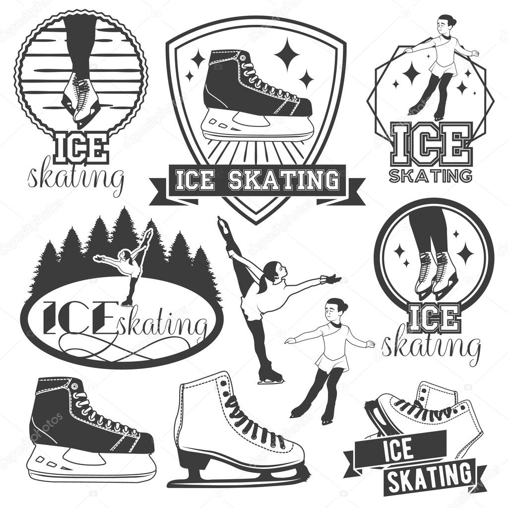 Vector set of ice skating emblems, badges, logos, banners, design elements. Isolated monochrome illustrations in vintage style