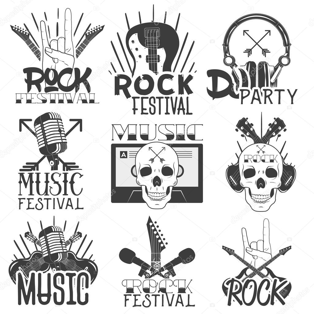 Vector monochrome set of music theme emblems. Isolated badges, logos, banners or stickers with guitars, microphones, headphones and skulls in vintage style