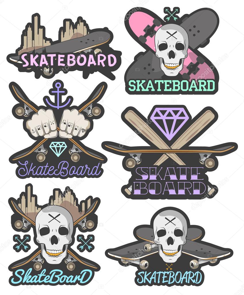 Vector set of colorful skateboard emblems. Isolated badges, labels or logos in vintage style with boards, skulls, crystals and bats