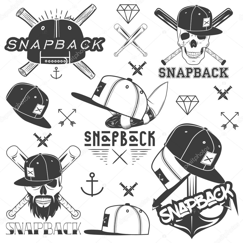 Vector monochrome set of snapback badges, emblems, labels or logos and design elements. Isolated illustration in vintage style with flat cap hats, skulls, bats, anchors