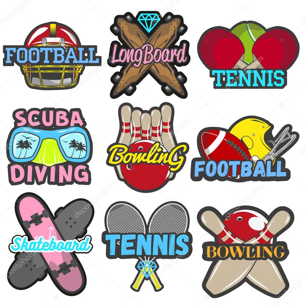 Vector set of sports and games emblems, badges, logos, labels or banners. Isolated templates of bowling, tennis, skateboard, football, scuba diving and longboard in vintage style. Summer mood