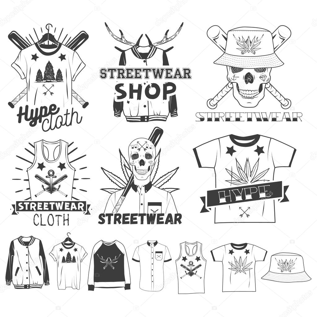 Vector set of streetwear shop logos, emblems, badges or labels. Isolated vintage illustrations with skulls, t-shirts, sweatshirts, bomber jacket, hats, bats