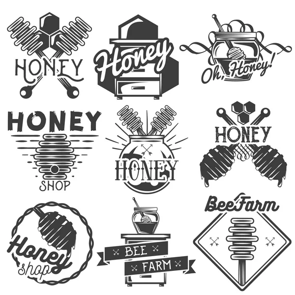 Ensemble vectoriel d'étiquettes, badges, logo, icônes, éléments de design en miel et apiculture — Image vectorielle