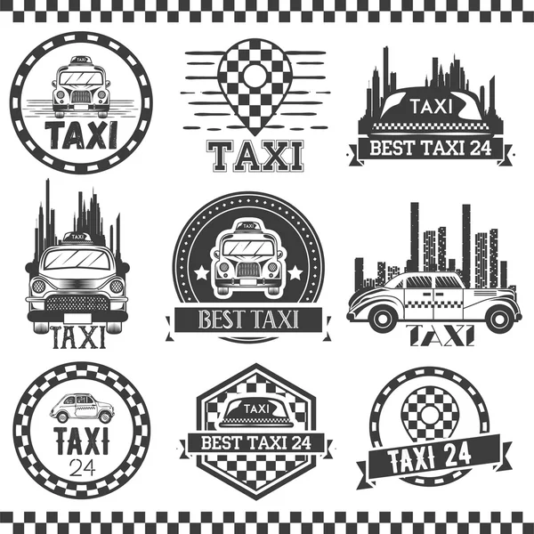 Taxi bolag etiketter i vintage stil. Design element, ikoner, logotyp, emblem. Transportservice i hytten. — Stock vektor