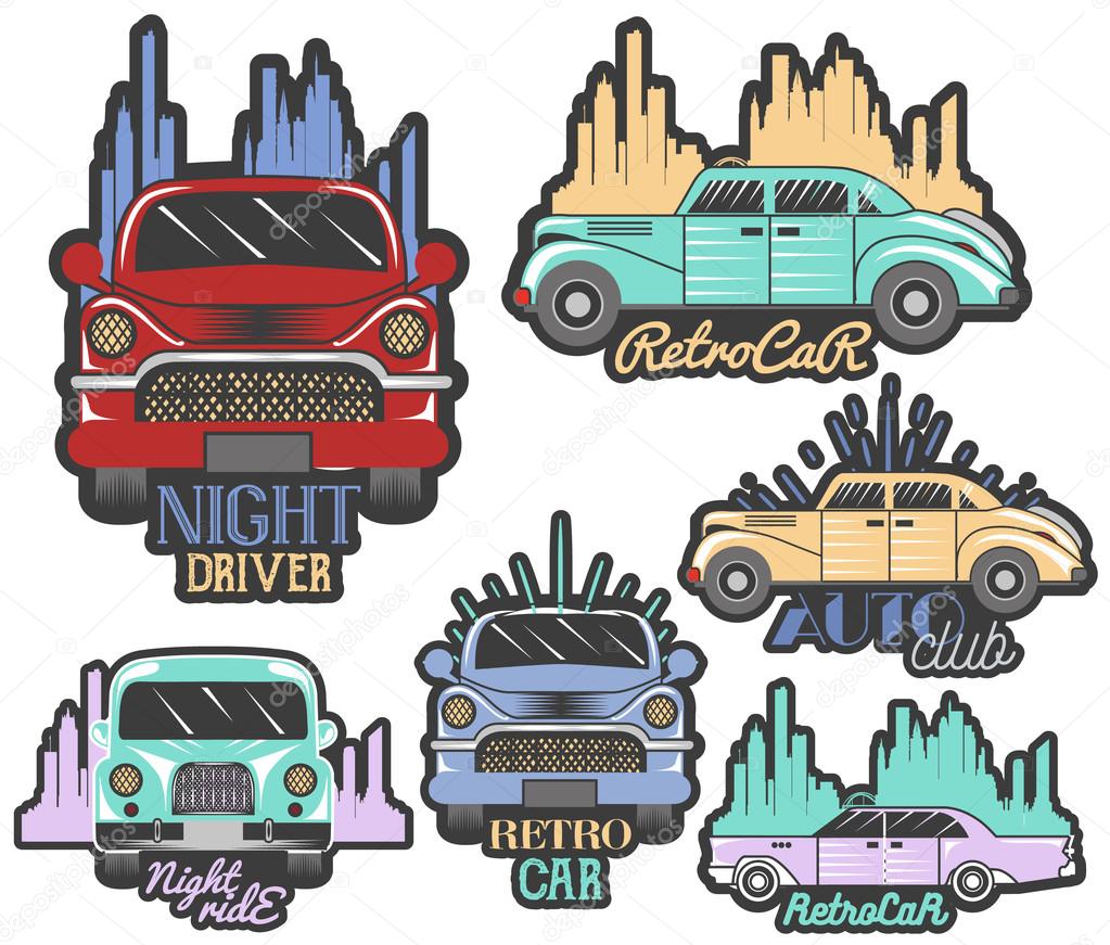 Vector colorful set of retro car club logos, banners, badges, labels or emblems and templates. Isolated illustration in vintage style.