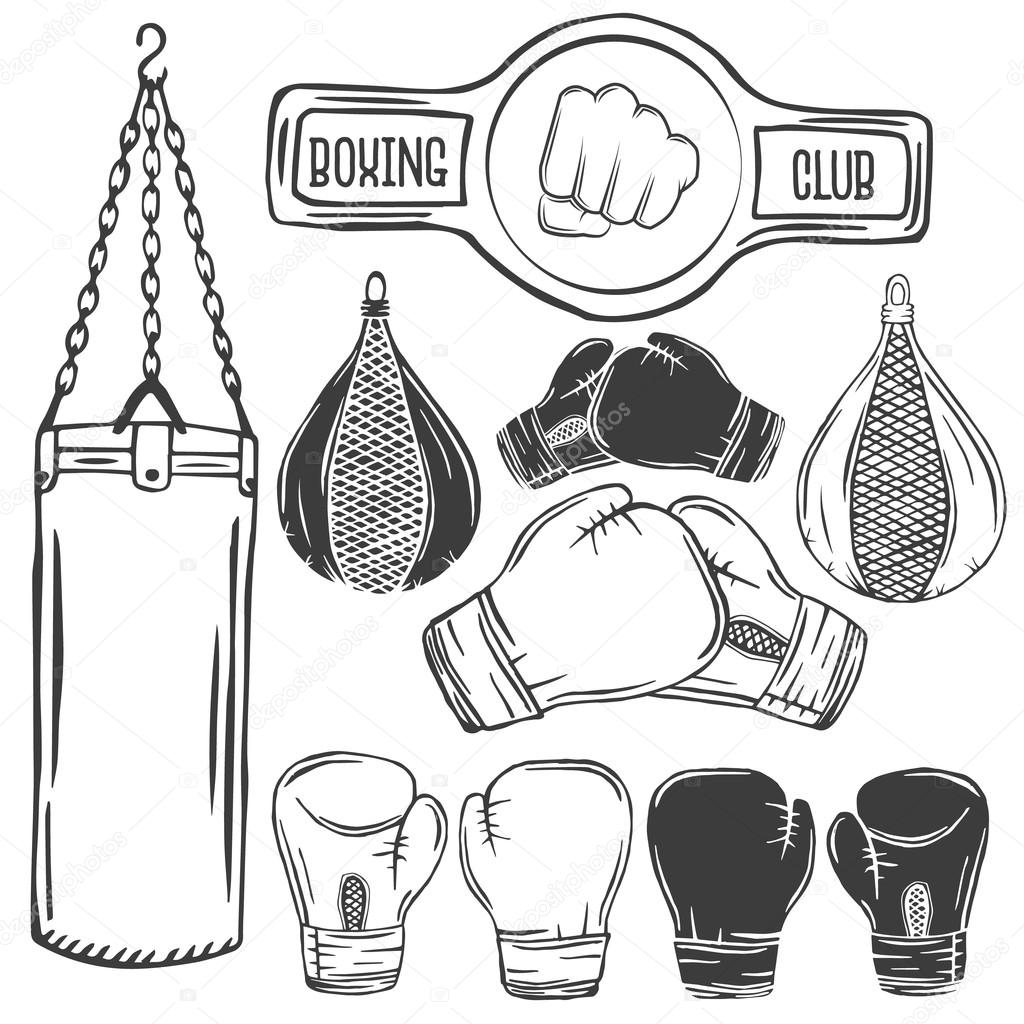 Vector set of boxing equipment monochrome labels. Logo, badges, icons and design elements isolated on white background