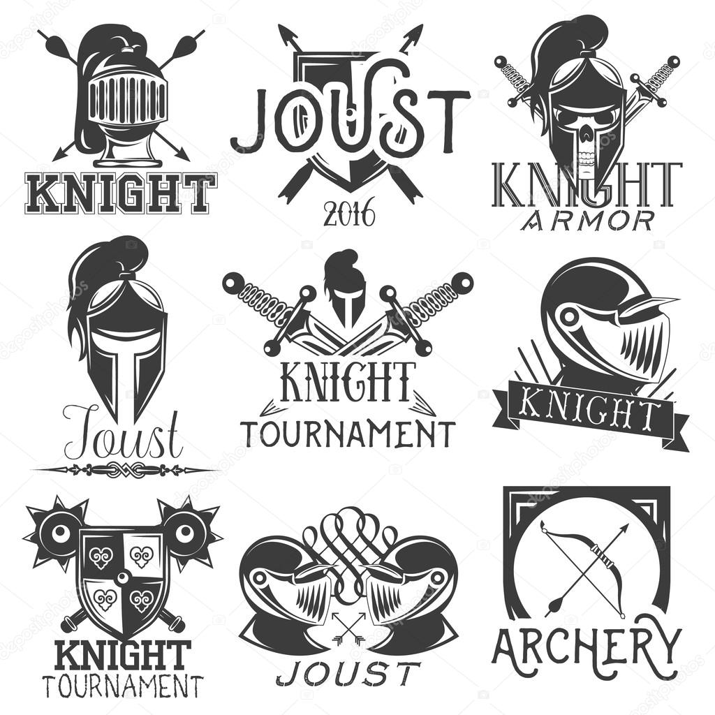 Vector set of heraldic knight labels in vintage style. Design elements, icons, logo, emblems and badges isolated on white background. Knight warrior helmet and sword
