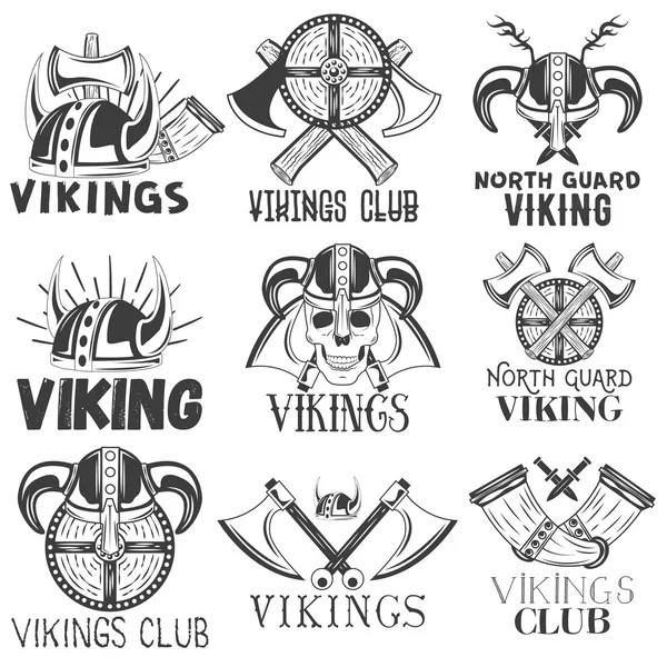 Conjunto vectorial de etiquetas vikingas en estilo vintage. Elementos de diseño, iconos, logotipo, emblemas, insignias. Casco de guerrero vikingo y hacha — Vector de stock