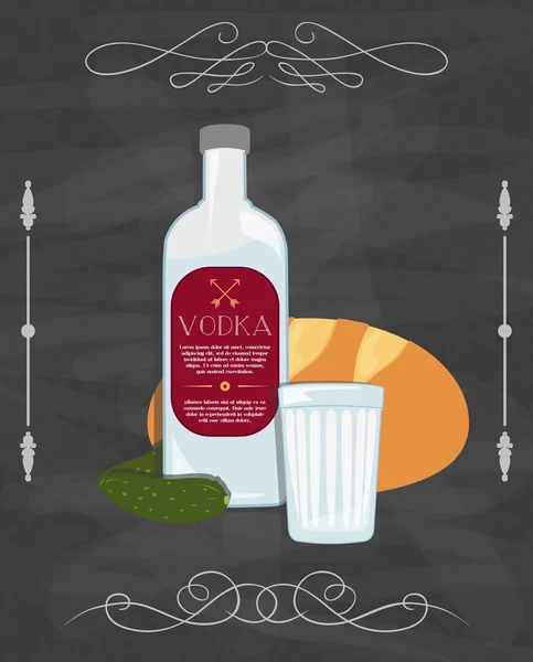 Comida tradicional rusa, botella de vodka, pan y pepinos en escabeche. Cartel de bodegón vectorial — Archivo Imágenes Vectoriales