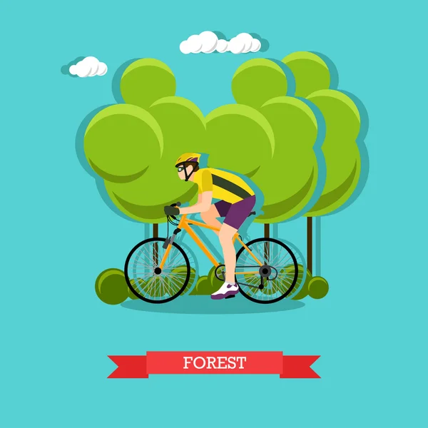 Ciclismo en el bosque, diseño plano — Vector de stock