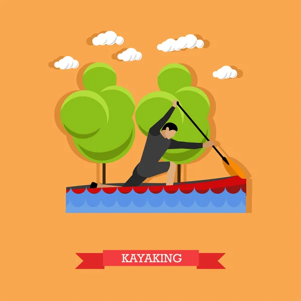 Hombre nada en kayak con remo, diseño plano — Vector de stock