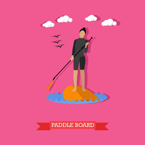 Mulher nadar em stand up paddle board, design plano —  Vetores de Stock