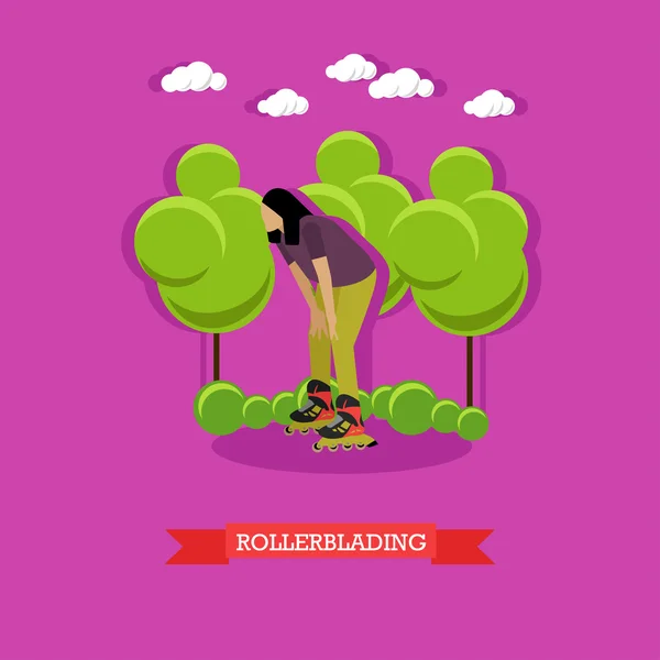 Young girl rollerblade in the park, flat design — Stock Vector