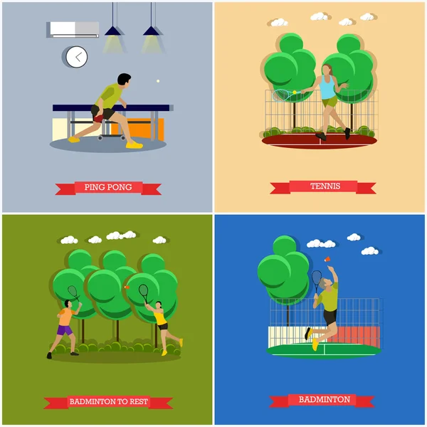 Juego de vectores de tenis, ping pong y bádminton, diseño plano — Archivo Imágenes Vectoriales