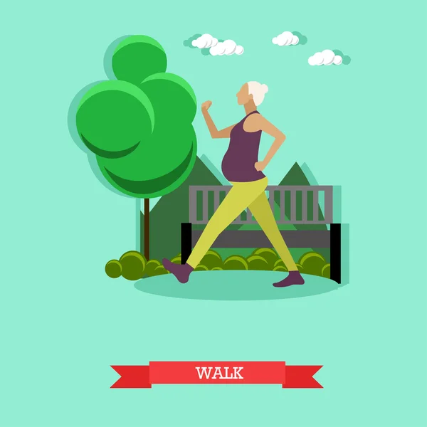 Chica embarazada caminando en el parque. Estilo de vida saludable. Diseño plano — Vector de stock