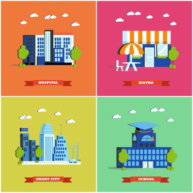 Modern cityscape vektör çizim. Şehir binaları düz tasarımında ayarlayın. Hastane, bistro, akıllı şehir ve okul