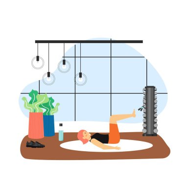 Spor ve spor aktiviteleri. Pilates egzersizi yapan genç bir kadın, düz vektör çizimi. Fitness pilates egzersizi.