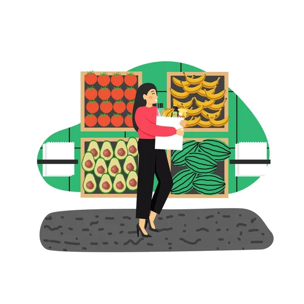 La vita quotidiana. Giovane donna che fa la spesa al supermercato, illustrazione vettoriale piatta. — Vettoriale Stock