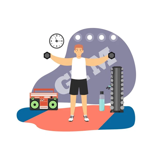 Fitness gym. Young man doing hand weight exercises with dumbbells, flat vector illustration. Sport and healthy lifestyle — Stock Vector