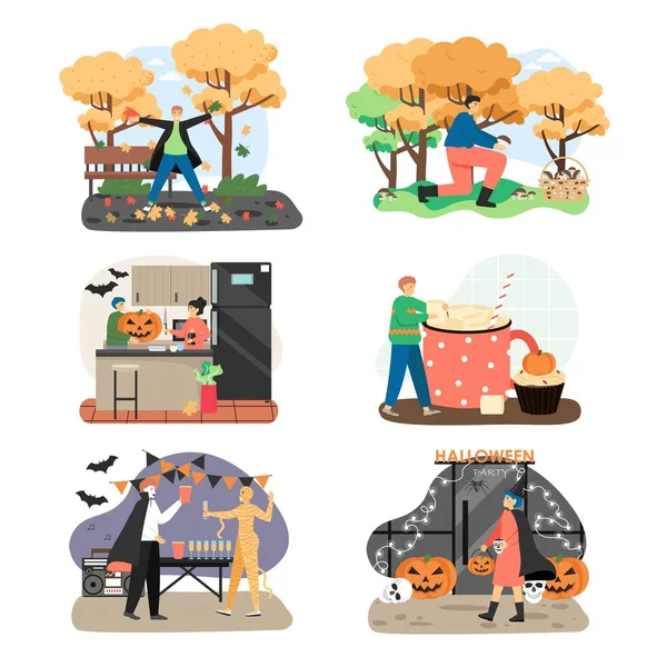 Herfstvakantie en outdoor activiteiten concepten. Vector illustratie set van Halloween feest, marshmallow drinkbeker, herfst activiteiten — Stockvector