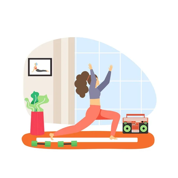 Actividades deportivas y de fitness. Mujer joven haciendo ejercicios de estiramiento, ilustración vectorial plana. Entrenamiento de estiramiento físico. — Vector de stock