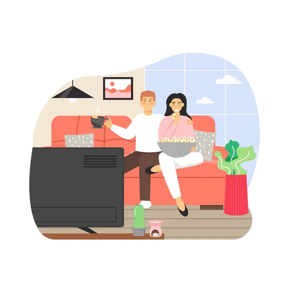 Happy couple spending free time at home. Man and woman watching tv together sitting on sofa, flat vector illustration. — Stock Vector