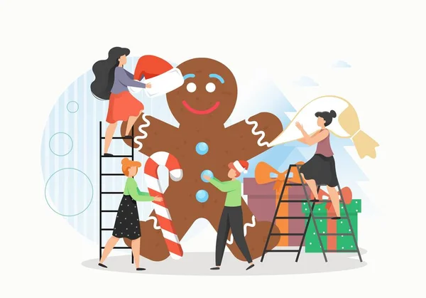 Gente pequeña haciendo hombre de jengibre gigante, ilustración vectorial plana. Galletas y galletas para la celebración de Feliz Navidad — Archivo Imágenes Vectoriales