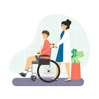 Hastanede tekerlekli sandalyede oturan hasta hemşiresi, düz vektör çizimi. Engelliler için tıbbi bakım.