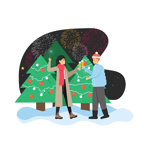 在城市圣诞树旁，一对快乐的夫妇用香槟酒庆祝新年，欣赏烟火和扁平的矢量插图. — 图库矢量图片