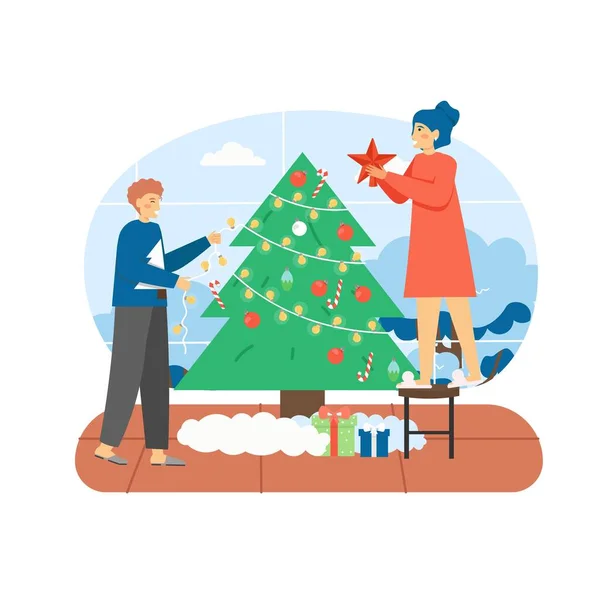 Frohe Weihnachten. Glückliches Paar schmückt Weihnachtsbaum mit Spielzeug und Girlanden, flache Vektorillustration. — Stockvektor
