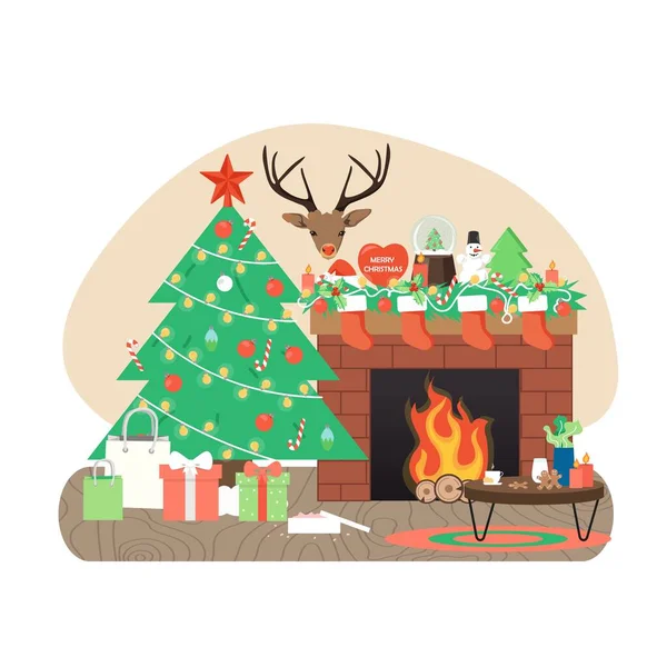 Gemütliche Wohnzimmereinrichtung mit geschmücktem Weihnachtsbaum, Kamin, Geschenken, flacher Vektorillustration. — Stockvektor